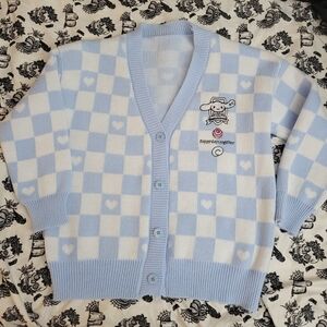 Cute Blue and White Cinnamon Roll Checkered Cardigan